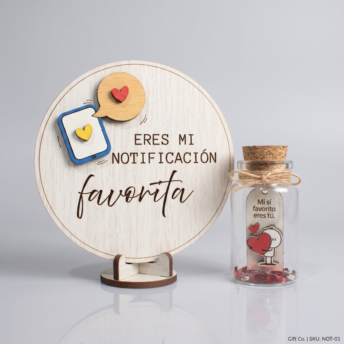 Placa de Madera con Botellita "Eres Mi Notificación Favorita"