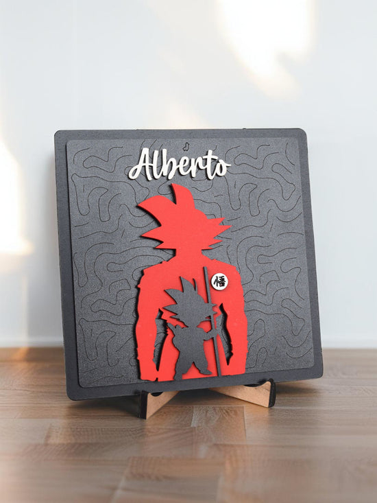 Cuadro personalizado Goku niño y adulto con nombre para escritorio