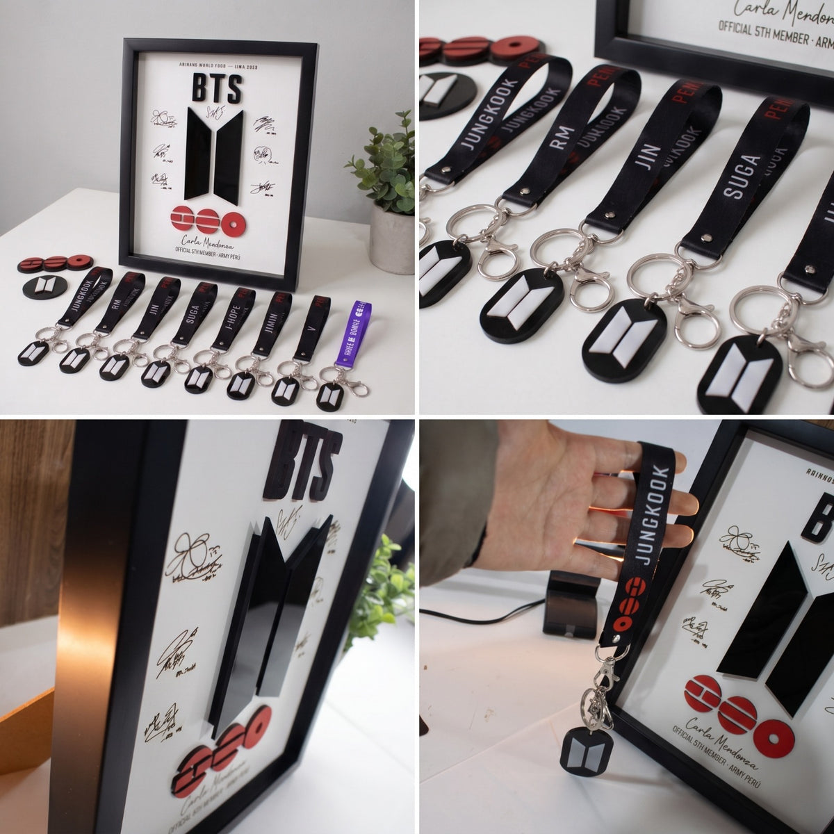 Cuadro Shadowbox 3D BTS Conmemorativo + Llaveros Coleccionables + Imanes | Personalizado