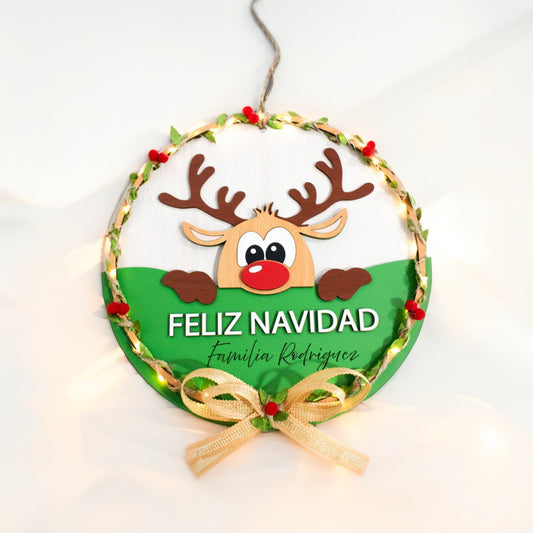 Corona feliz navidad reno con nombre de familia personalizado 30x30cm