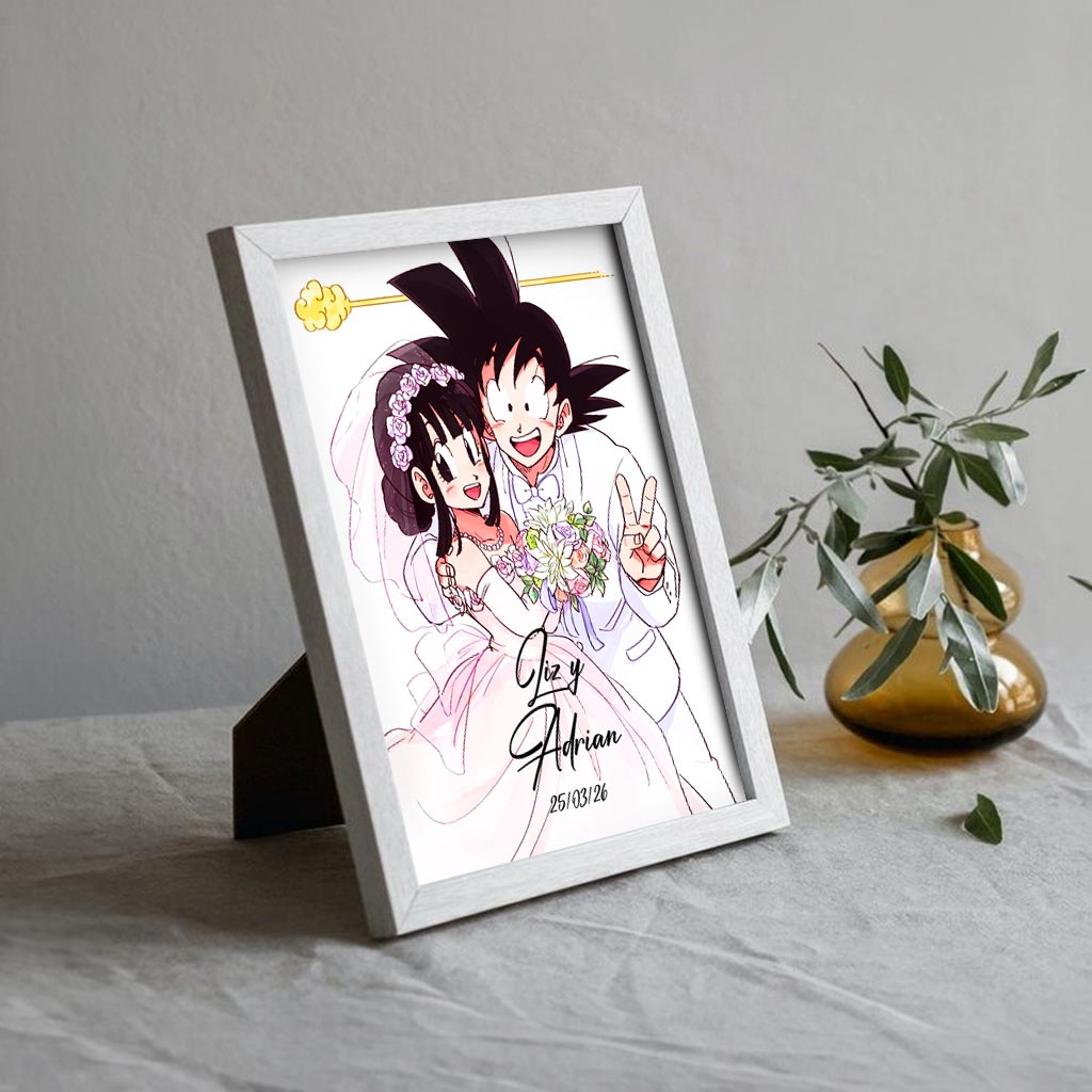 Cuadro inspirado en Goku y Milk boda personalizable 15x20cm para escritorio