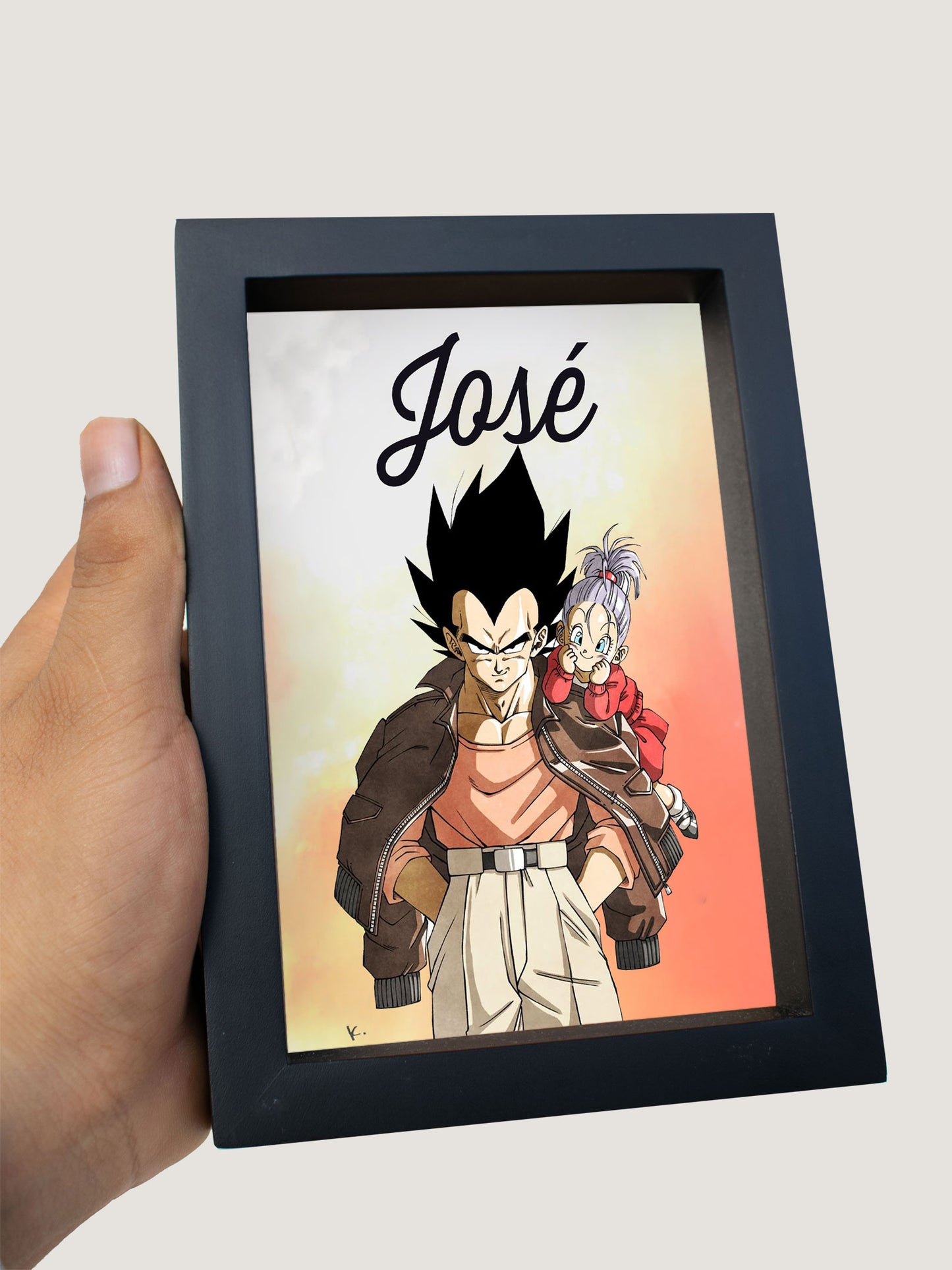 Mini cuadro Vegeta y su hija con nombre personalizado 10x15cm marco madera con vidrio
