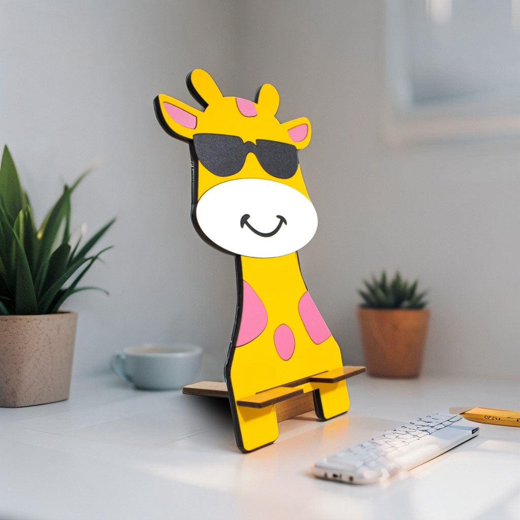 Soporte celular en madera MDF de Jirafa naranja con lentes