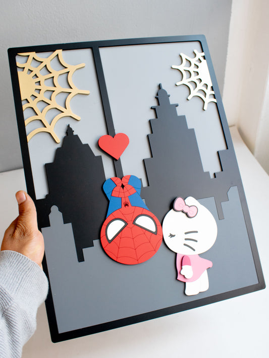 Cuadro Personalizado de Spiderman Bebé y Hello Kitty en MDF