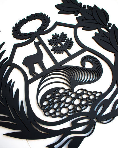Decoración de pared de una oficina moderna con el Escudo del Perú minimalista en color negro