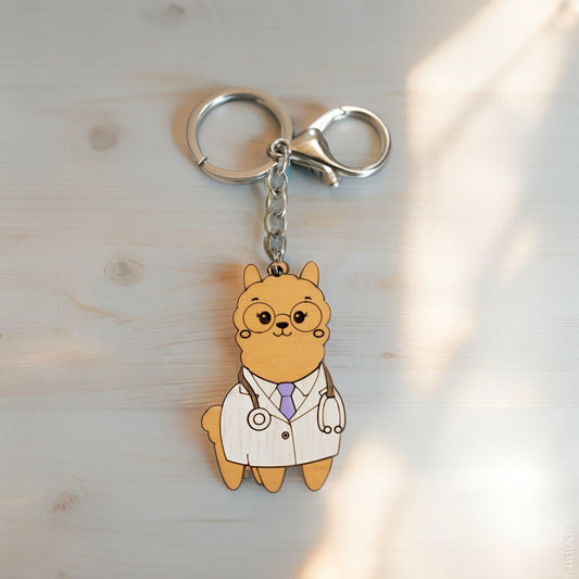 Llavero Alpino con diseño de Alpaca Doctora en madera MDF