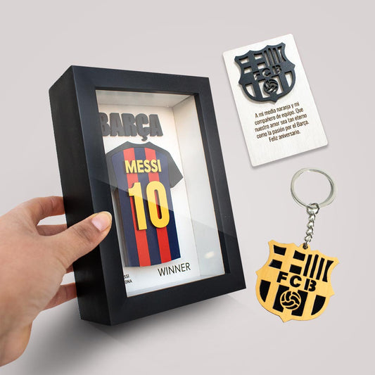 Cuadro Shadow Box de MDF Messi Barcelona 12x17cm + Mensaje personalizado + Llavero