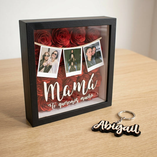 Cuadro Shadow Box Flores y Fotos + Llavero Personalizado