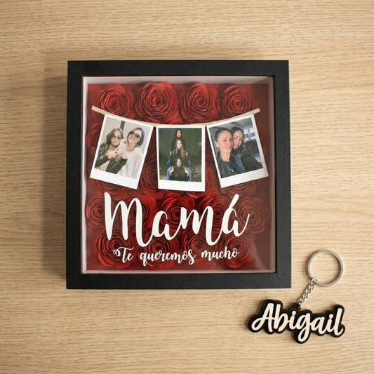 Cuadro Shadow Box Flores y Fotos + Llavero Personalizado