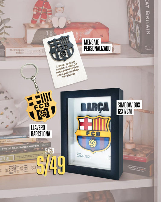 Pack shadow box 3D barcelona + llavero barcelona MDF + mensaje presonalizado