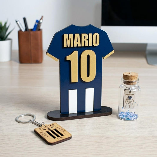 Pack camiseta Alianza Lima personalizado con soporte 12x15cm + Botella con mensaje grabado