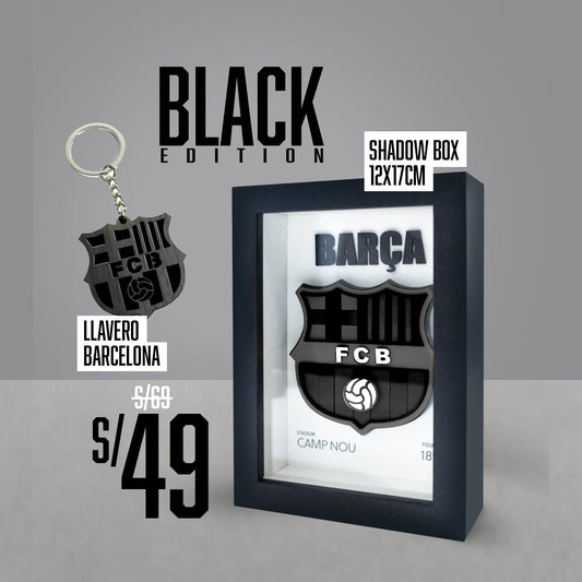 Escudo Barcelona MDF en Shadow Box 3D + Llavero Black Edition 12x17cm