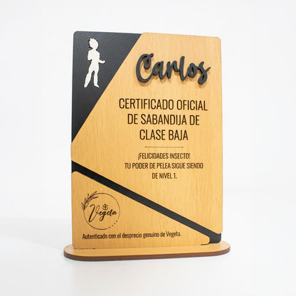 Certificado Oficial de Sabandija de Clase Baja en MDF