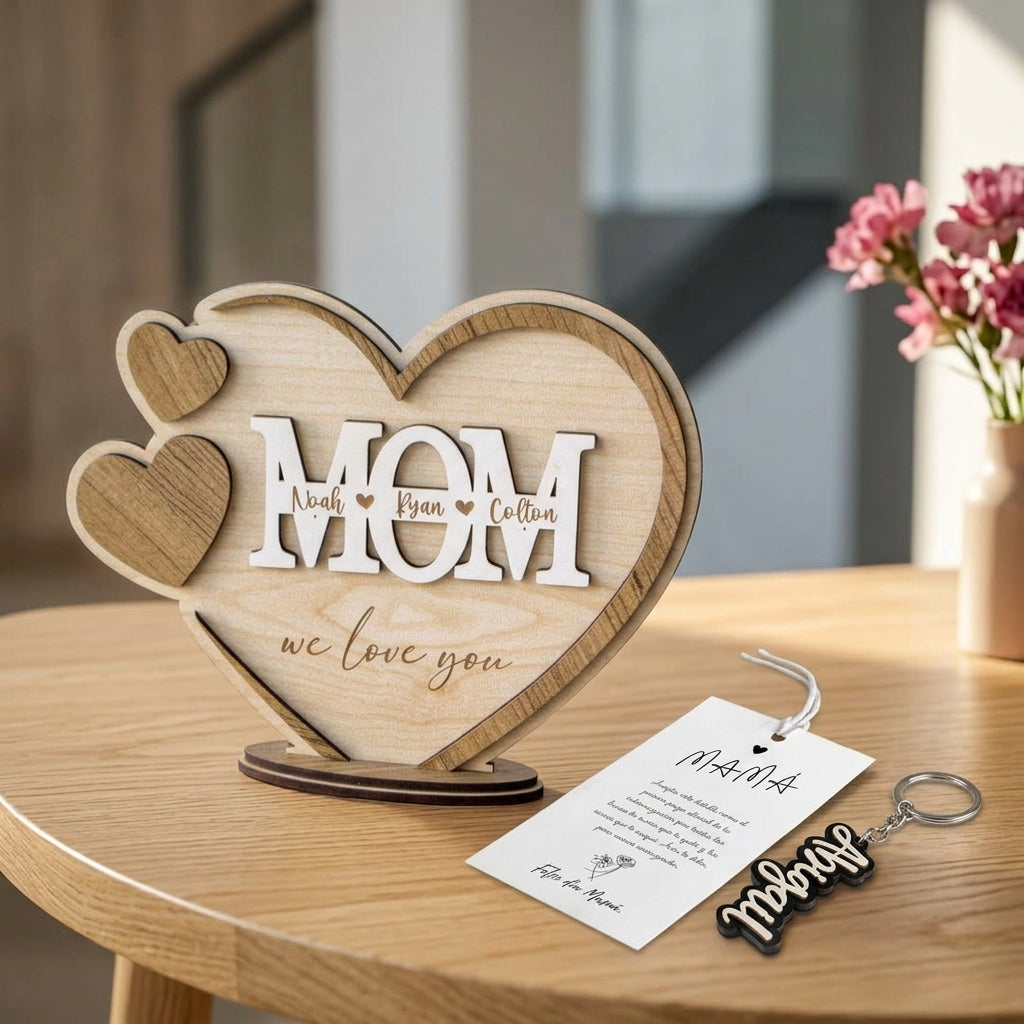 Adorno Corazón Grabado con Hijos + Llavero Personalizado