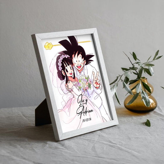 Cuadro inspirado en Goku y Milk boda personalizable 15x20cm para escritorio