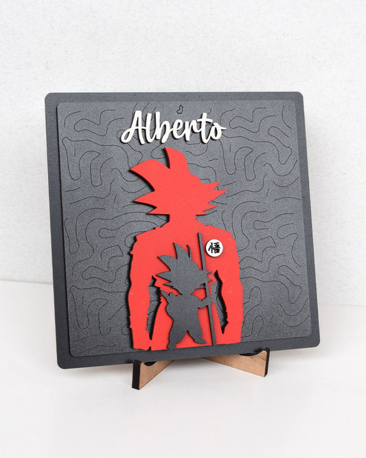 Cuadro personalizado Goku niño y adulto con nombre para escritorio