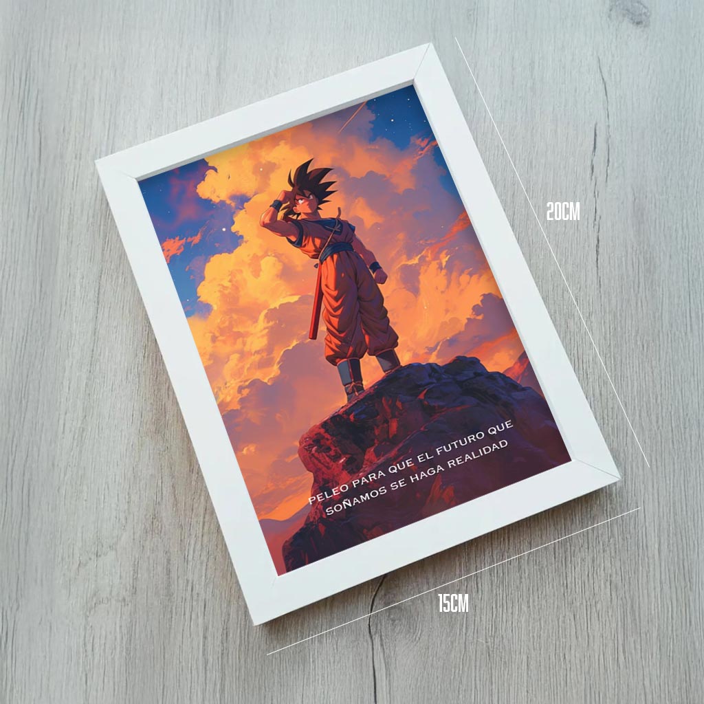 Cuadro nostálgico de Goku con frase personalizado 15x20cm para escritorio
