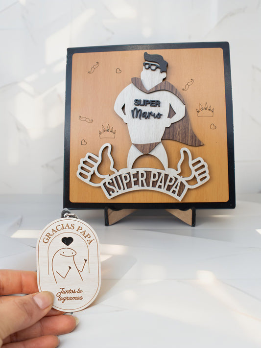 Cuadro personalizado “Súper Papá” con nombre grabado en MDF para regalo 20x20cm