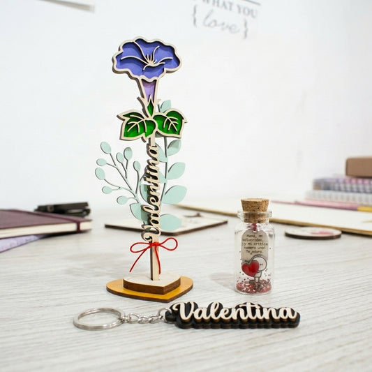 Flor eterna personalizad con nombre en MDF 20x8cm con soporte