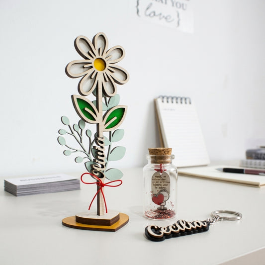 Flor blanca en MDF con nombre personalizado 20x7cm