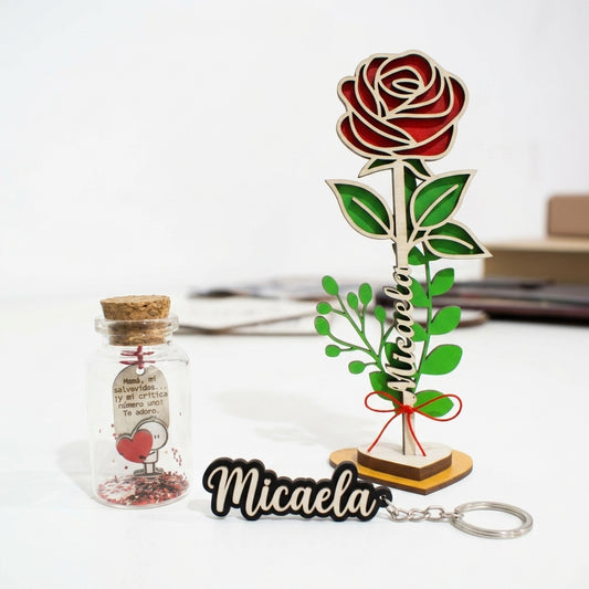 Rosa Eterna en MDF con nombre personalizado 20x7cm