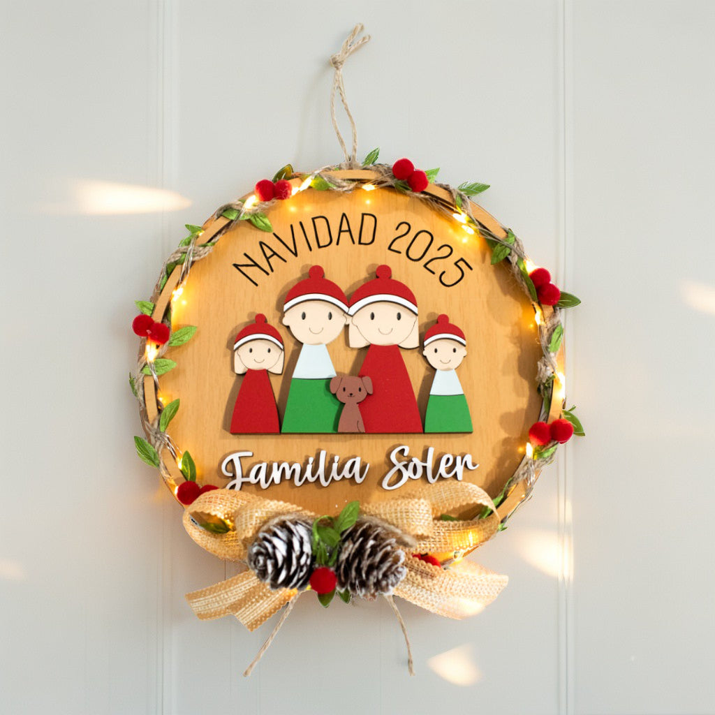 Corona para navidad personalizado familia 30x30cm con luces LED