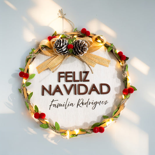 Corona personalizada para navidad con nombre de familia 30x30cm con luces LED