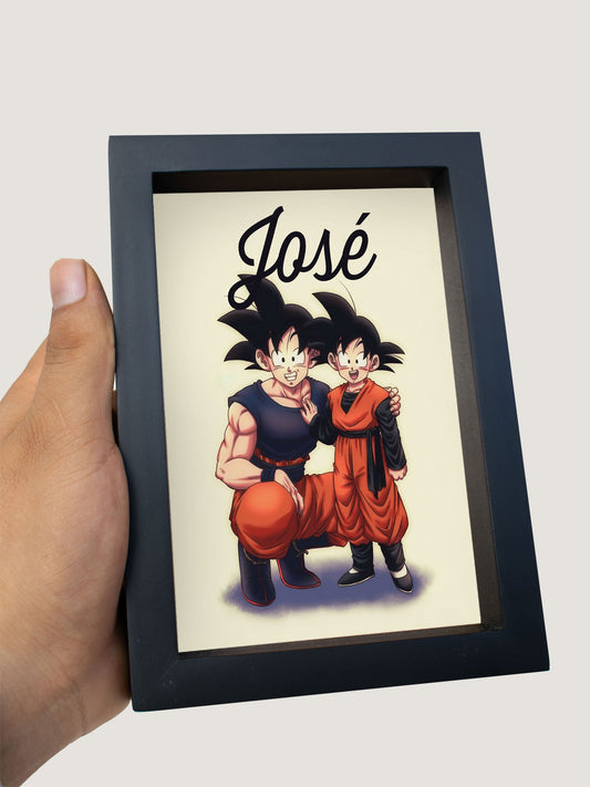 Mini cuadro Goku y Goten con nombre personalizado 10x15cm marco madera con vidrio