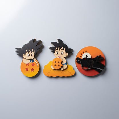 Pack de 4 Imanes 3D Goku Niño y Esfera del Dragón en Madera MDF