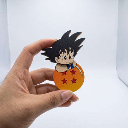 Pack de 4 Imanes 3D Goku Niño y Esfera del Dragón en Madera MDF