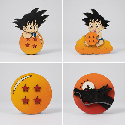 Pack de 4 Imanes 3D Goku Niño y Esfera del Dragón en Madera MDF