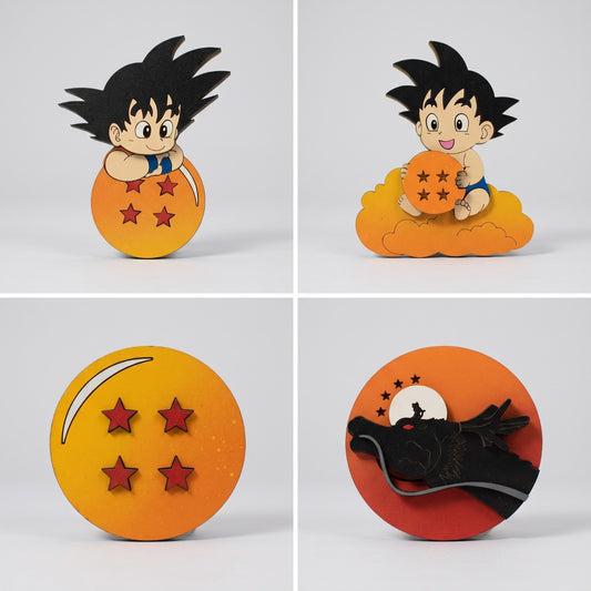 Pack de 4 Imanes 3D Goku Niño y Esfera del Dragón en Madera MDF