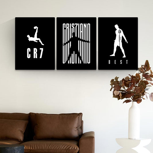 3 cuadros CR7 colección Cristiano Ronaldo CR7 en MDF blanco y negro con relieve