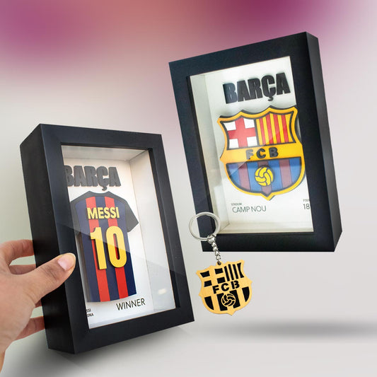 Pack 2 shadow box Barcelona y Messi MDF de 12x17cm + Llavero de regalo