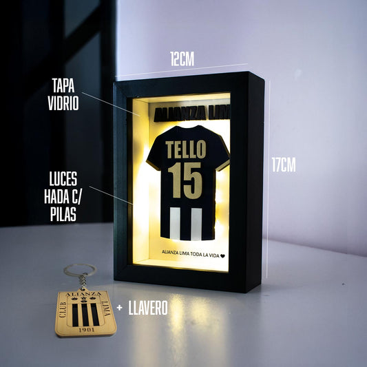 Shadowbox 3D Camiseta Alianza Lima con luz hada personalizado con nombre y número de camiseta 12x17cm