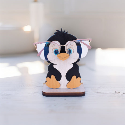 Soporte para lentes madera MDF con diseño de Pingüino