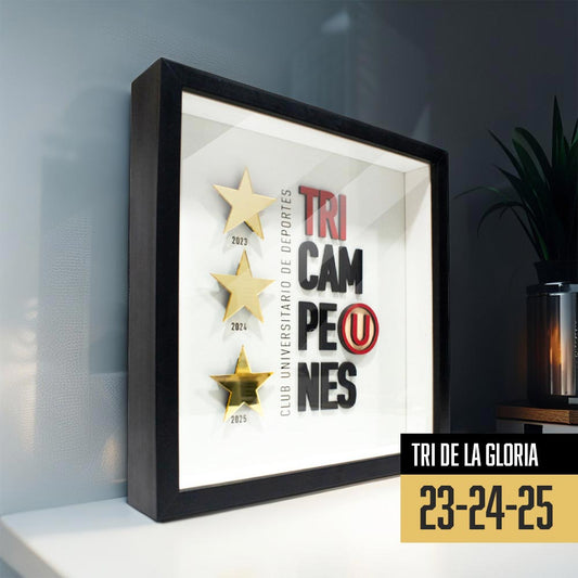 Shadowbox 3D tri campeón Universitario 28x28cm con vidrio
